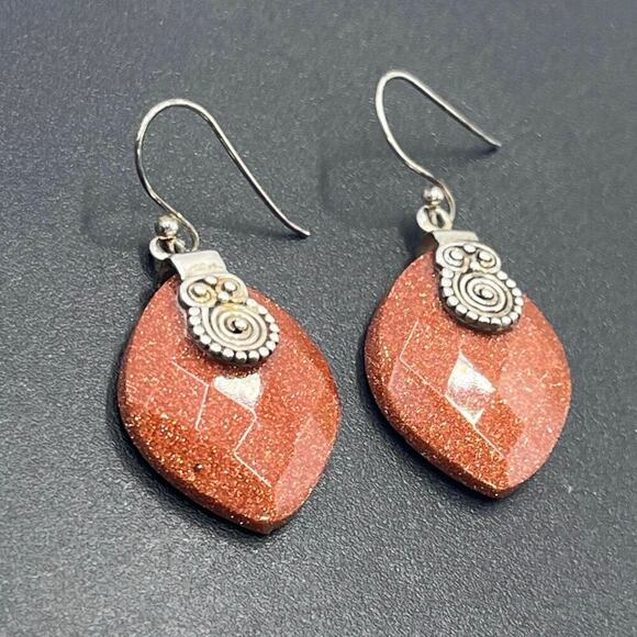 Sterling Silver 925 Goldstone Faceted Glass Glittering Speckled Dangle earrings - Picture 1 of 6